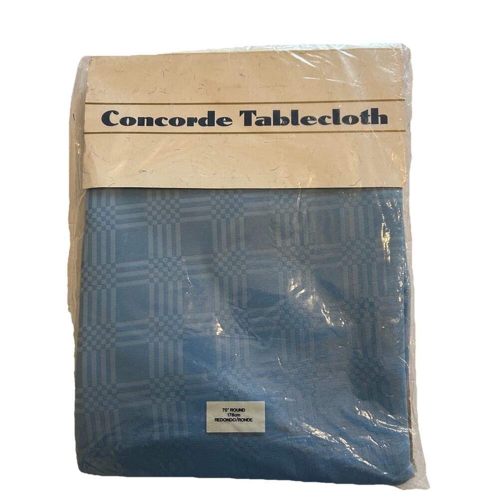Vintage Blue Tablecloth Concorde 70 in Round Polyester‎ Square Imprint Solid NWT